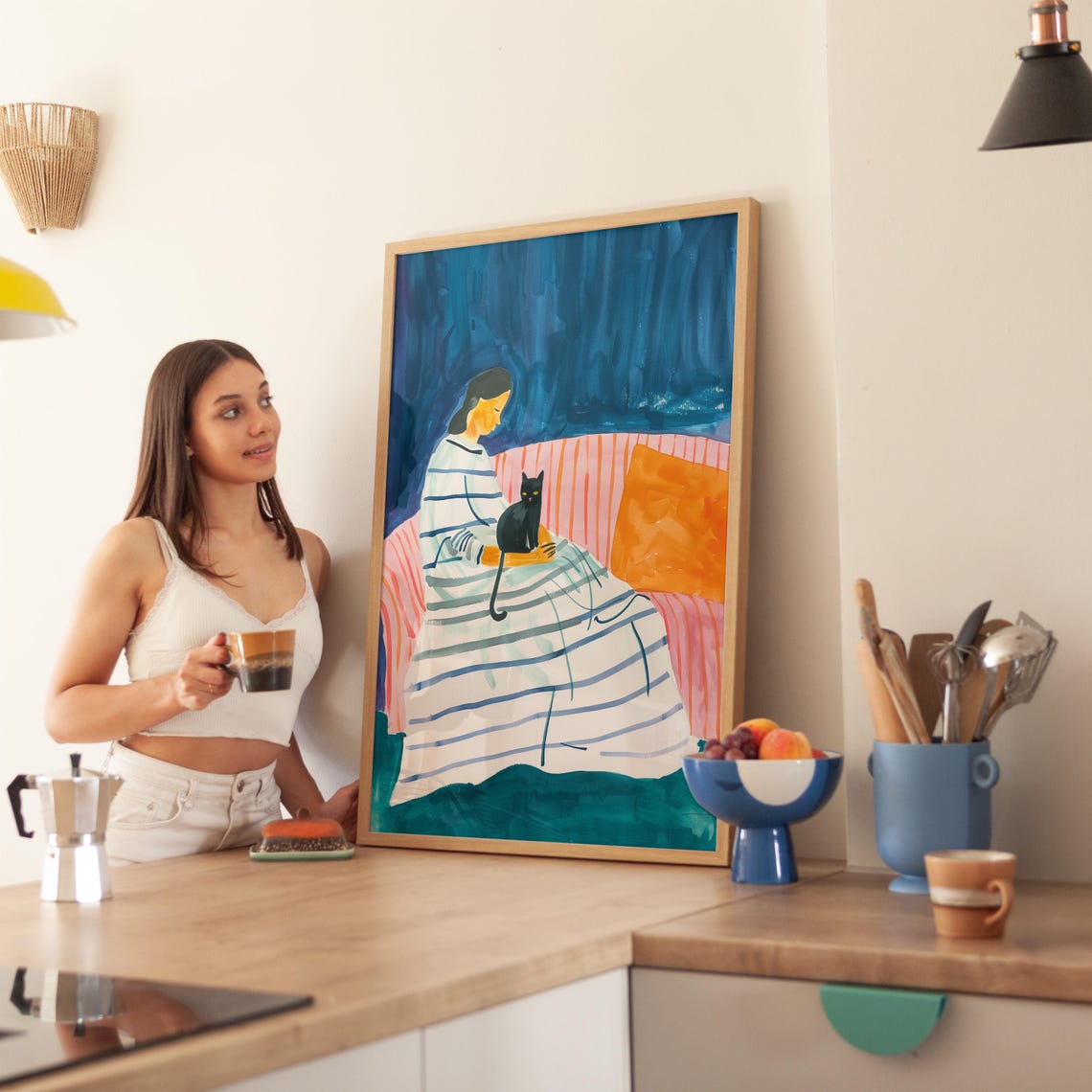 Woman With Black Cat On Pink Sofa Colorful Painting Wall Art - Image 2