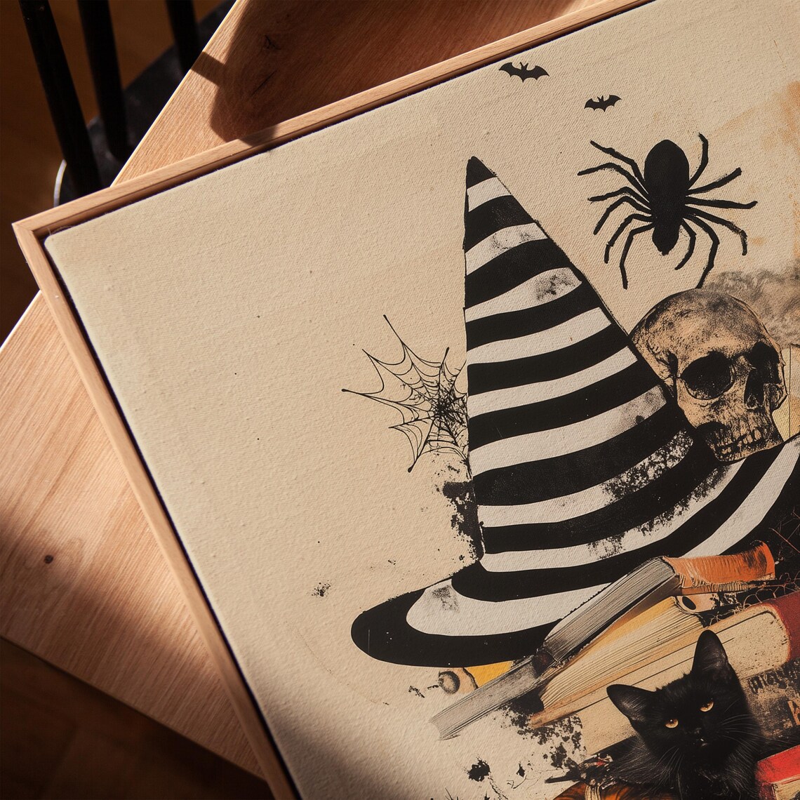 Striped Witch Hat Collage Black Cat Pumpkins and Books Halloween Poster - Image 3