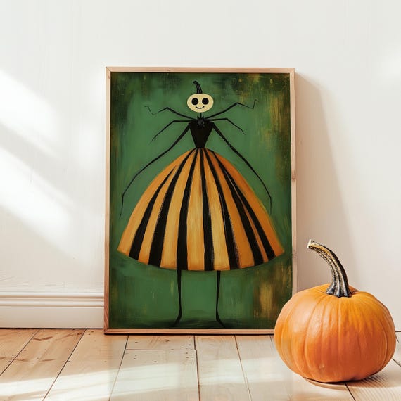 Halloween Spider Woman Art Spooky Wall Art Contemporary Art Orange Black Witch Print Creepy Cute Decor Halloween Artwork