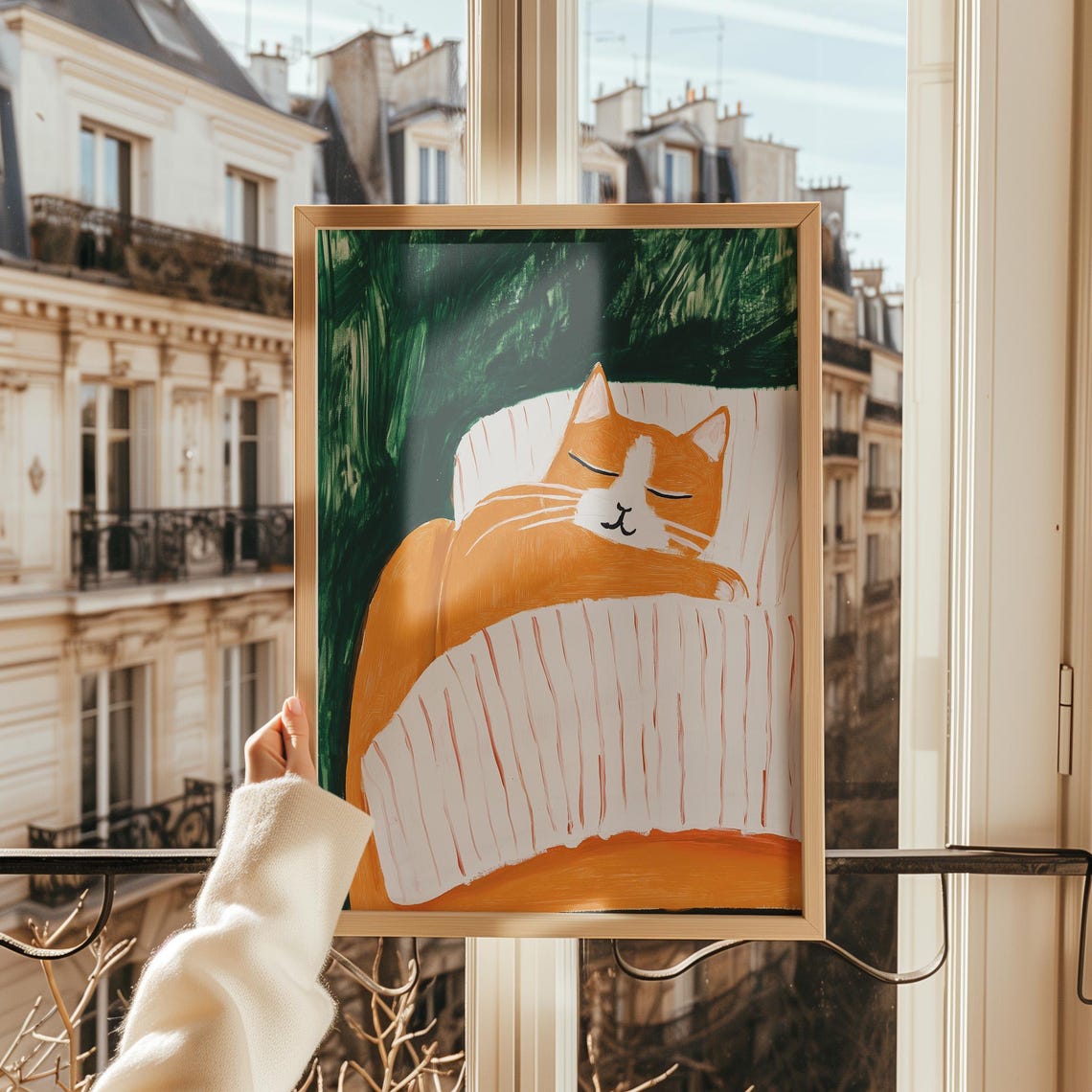Sleeping Orange Cat on Striped Pillow Green Painterly Poster
