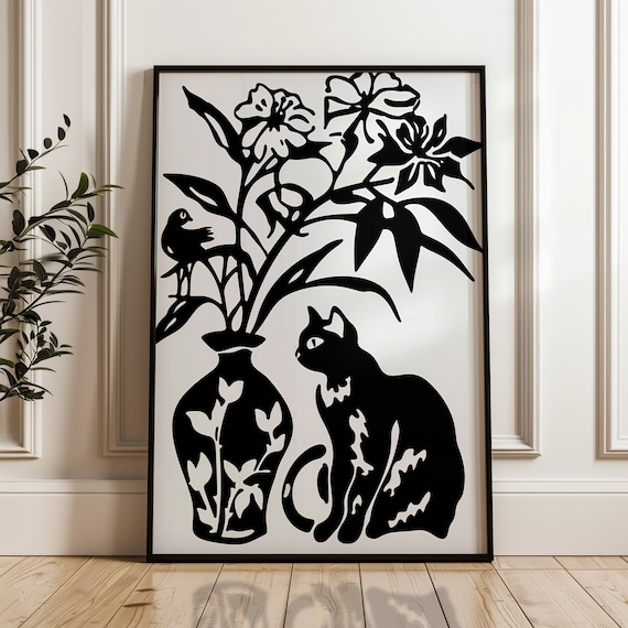 Black Cat Floral Vase Bird Silhouette Bold Papercut Style Art Poster