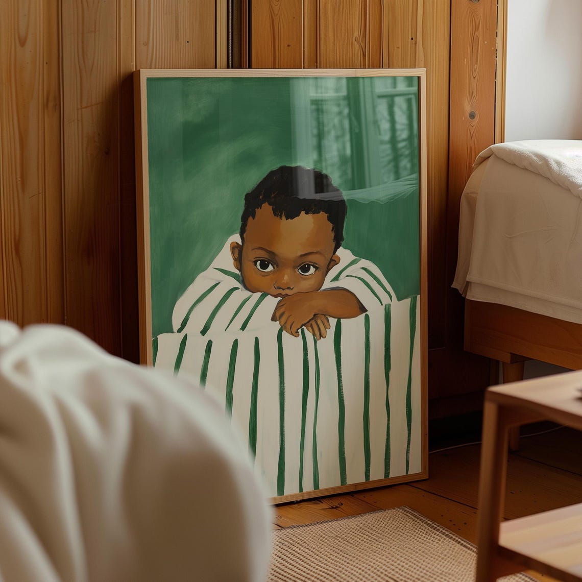 Young Boy Resting Chin On Arms Striped Bedding Nursery Wall Art