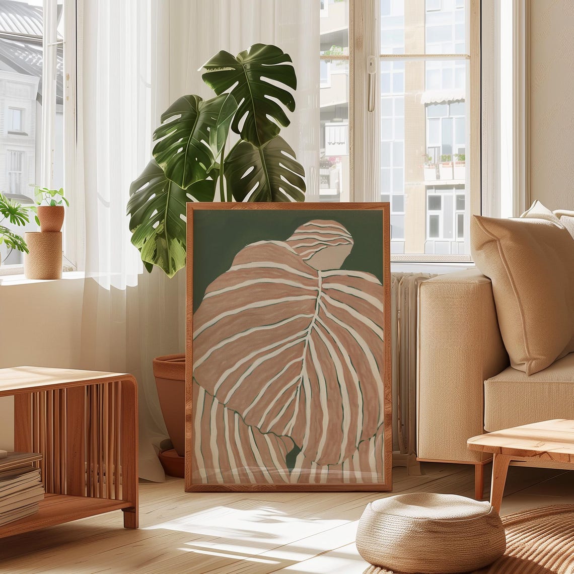 Blush Pink Striped Tropical Leaf on Deep Green Botanical Poster - Image 3