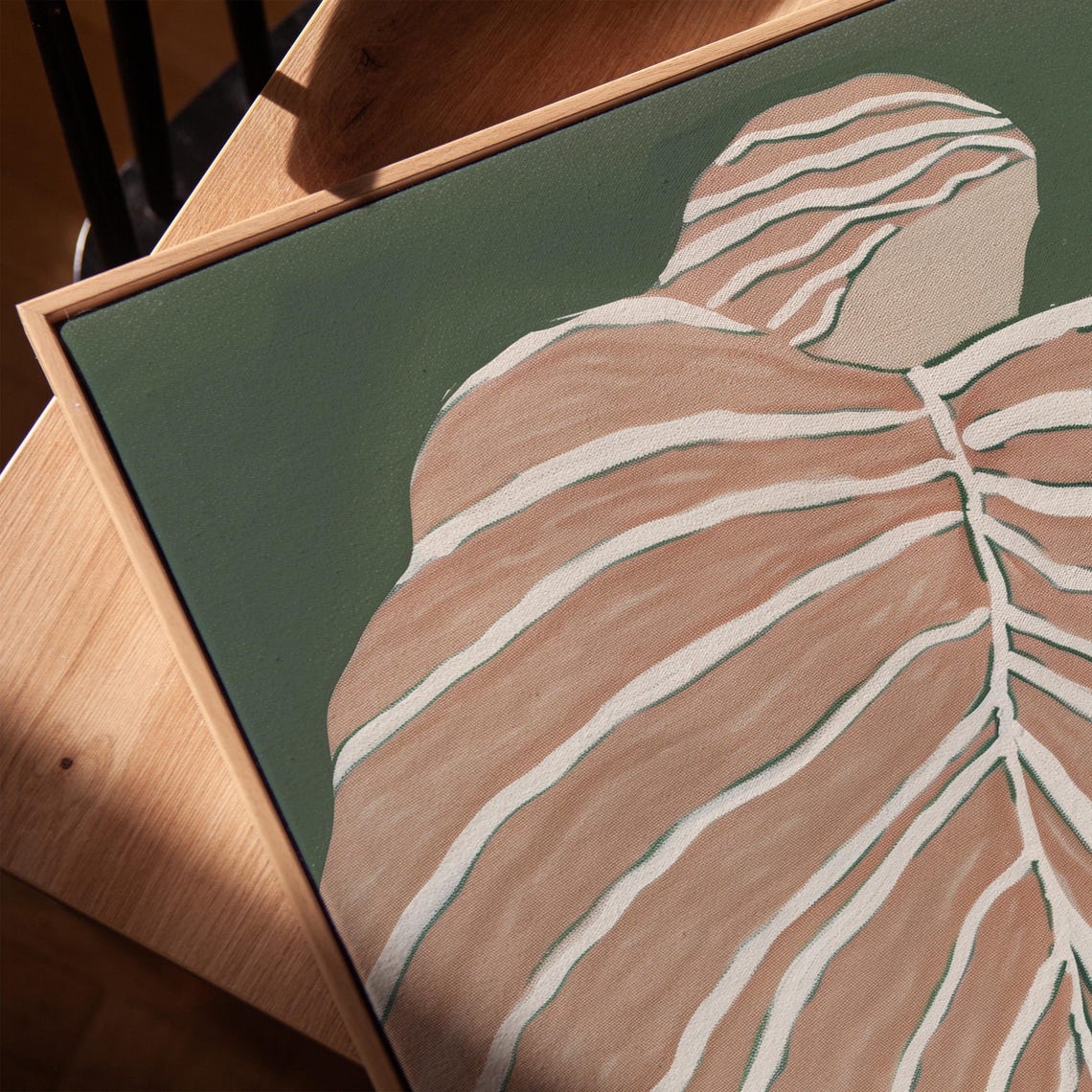 Blush Pink Striped Tropical Leaf on Deep Green Botanical Poster - Image 2