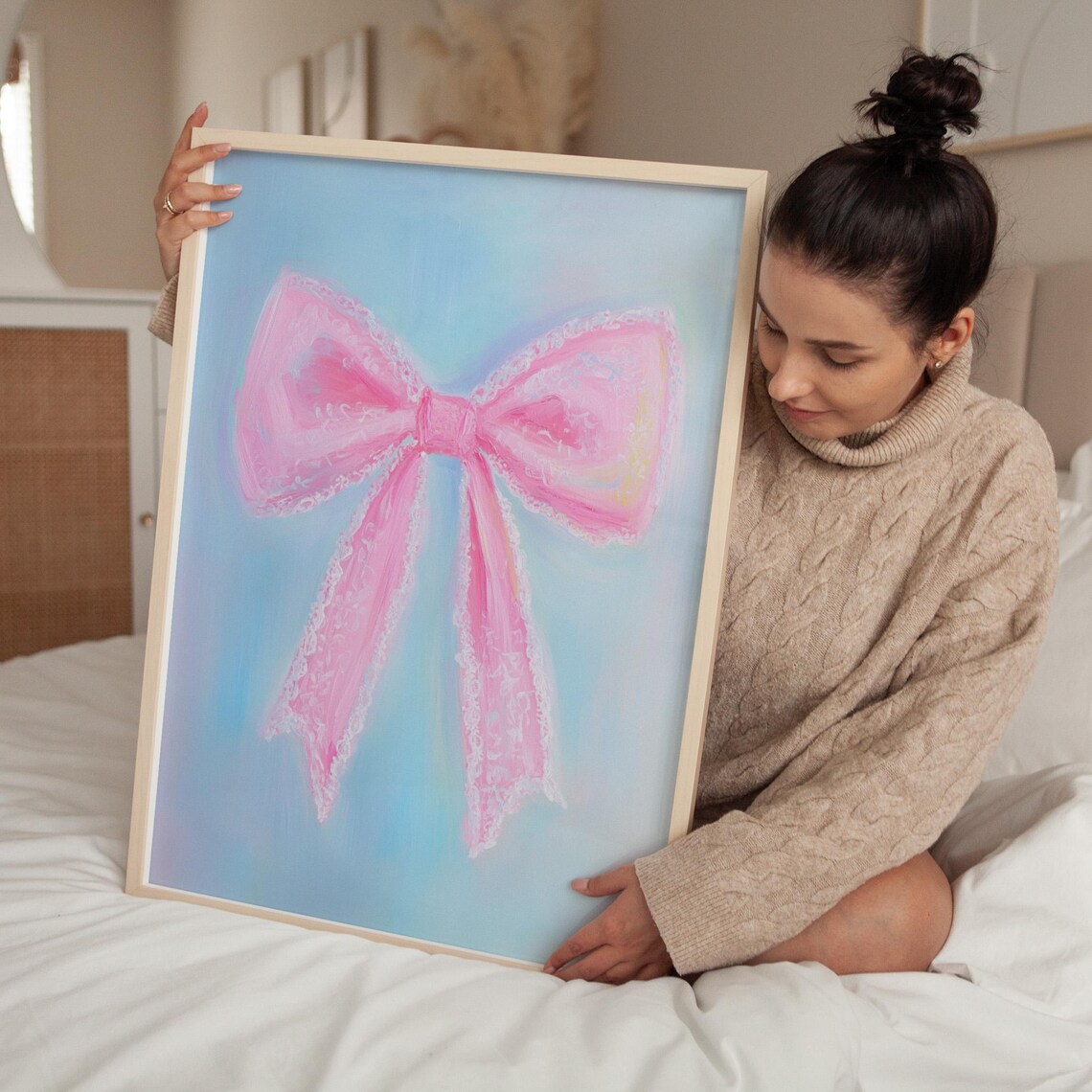 Pink Lace Bow Watercolor on Pale Blue Girly Illustration Poster - Image 3