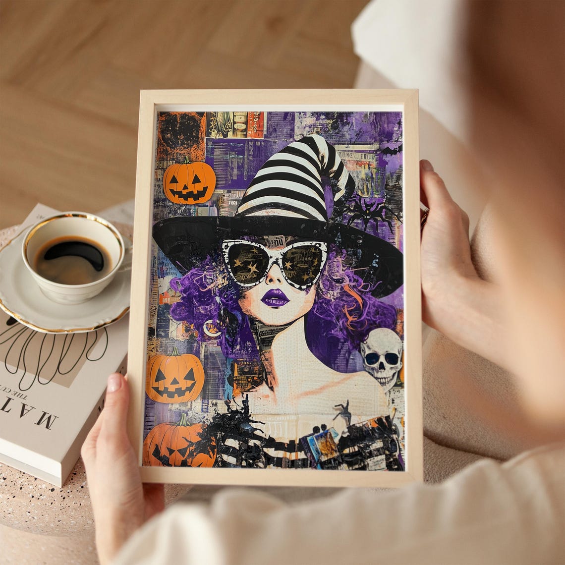Funky Purple Hair Witch in Sunglasses Halloween Collage Art Poster - Image 3