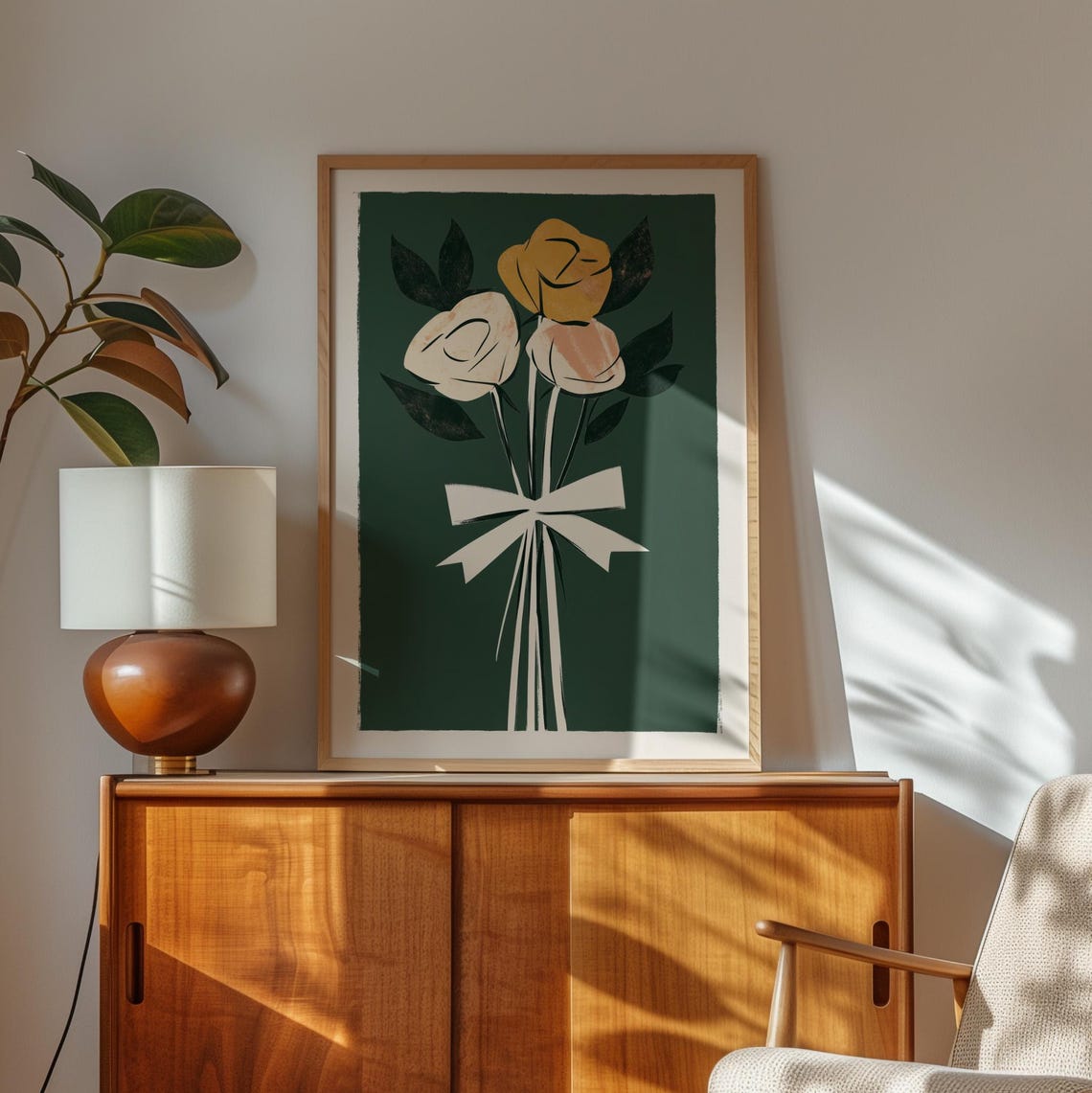 Abstract Rose Bouquet With Cream Bow On Emerald Green Art Poster - Image 3