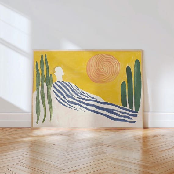 Abstract Desert Art Print Modern Landscape Wall Art Sun And Striped Figure Design Minimalist Yellow Decor Bold Artwork