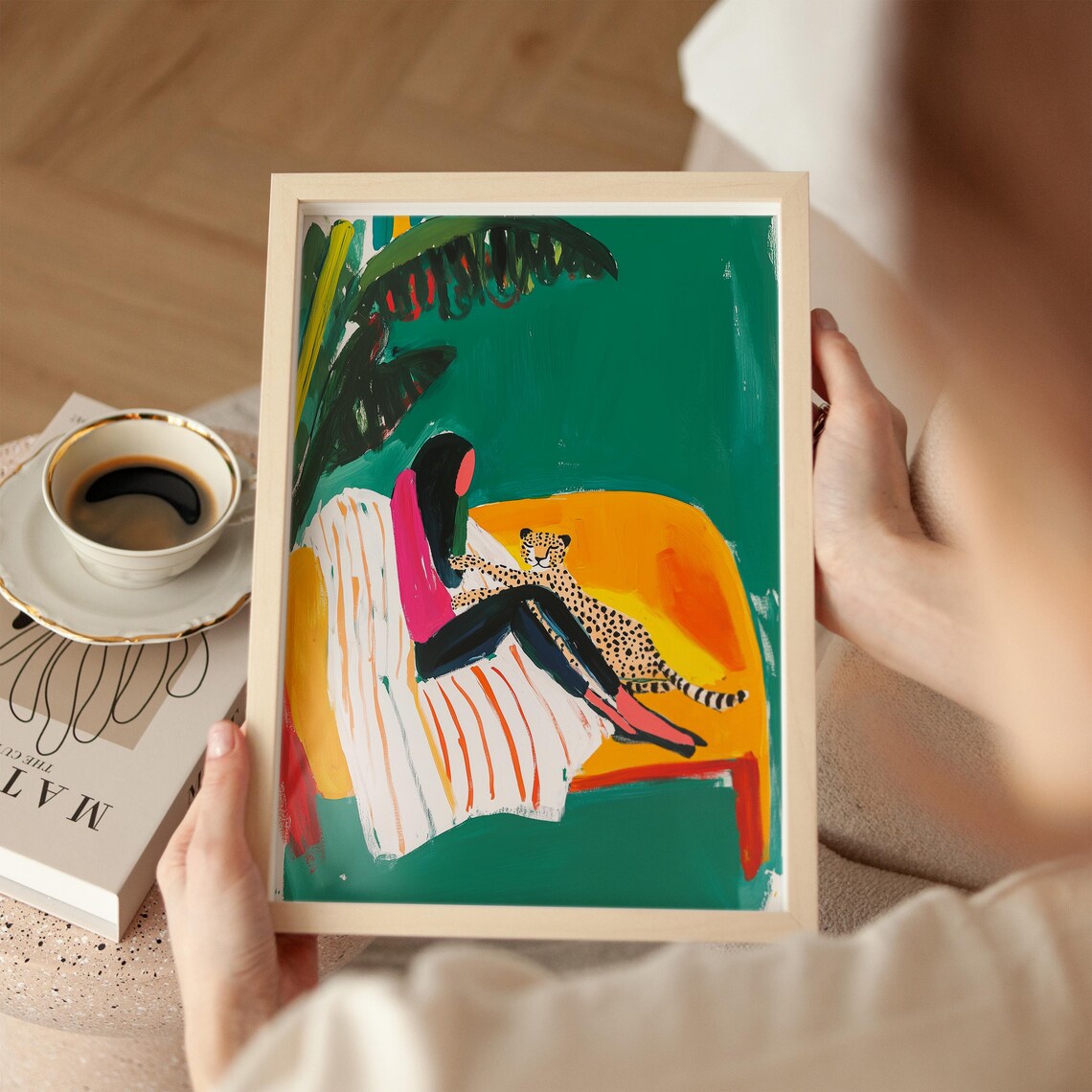 Woman With Cheetah, Vibrant Tropical Art Print - Image 2