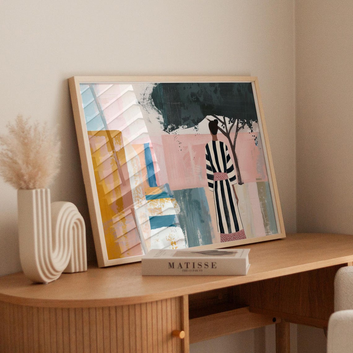 Woman Striped Robe Pastel Courtyard Abstract Pink Blue Art Poster - Image 4