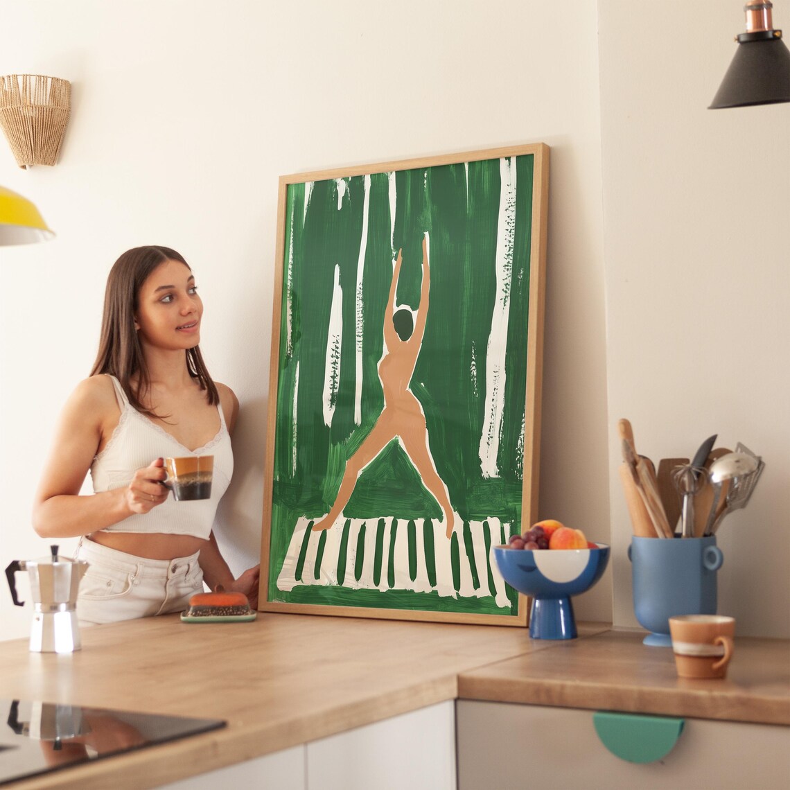 Stylized Yoga Figure Reaching Up In A Green Forest Painting Print - Image 2