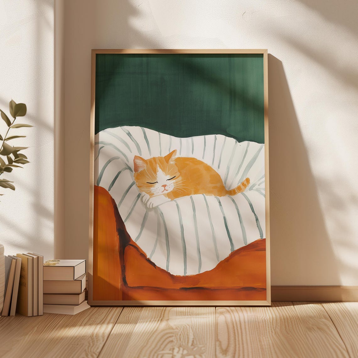 Sleeping Orange Cat on Striped Pillow Rust Bed Cozy Cat Poster