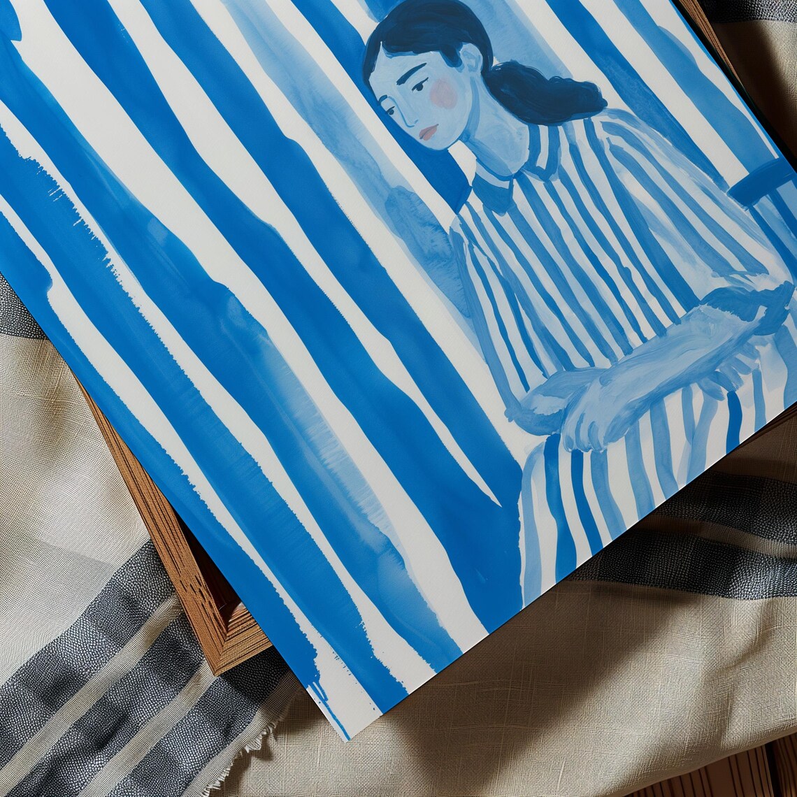 Woman in a Striped Dress Amid Bold Blue Vertical Brushstrokes Poster - Image 2