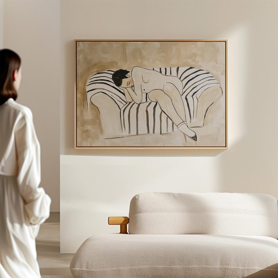Woman Resting on Striped Sofa Beige Neutral Modern Art Poster - Image 2
