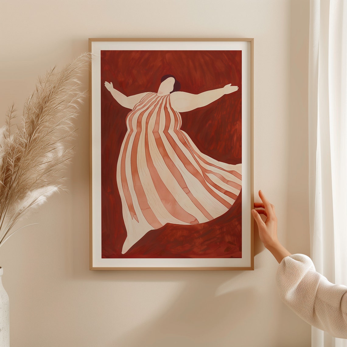 Joyful Curvy Woman Dancing In Striped Dress On Deep Red Wall Art