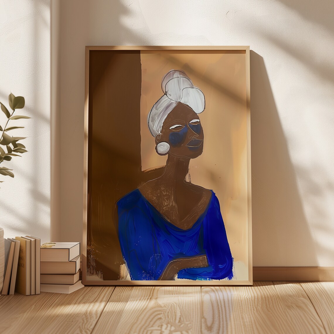 Abstract Woman Portrait In Electric Blue Dress Ochre Background Poster