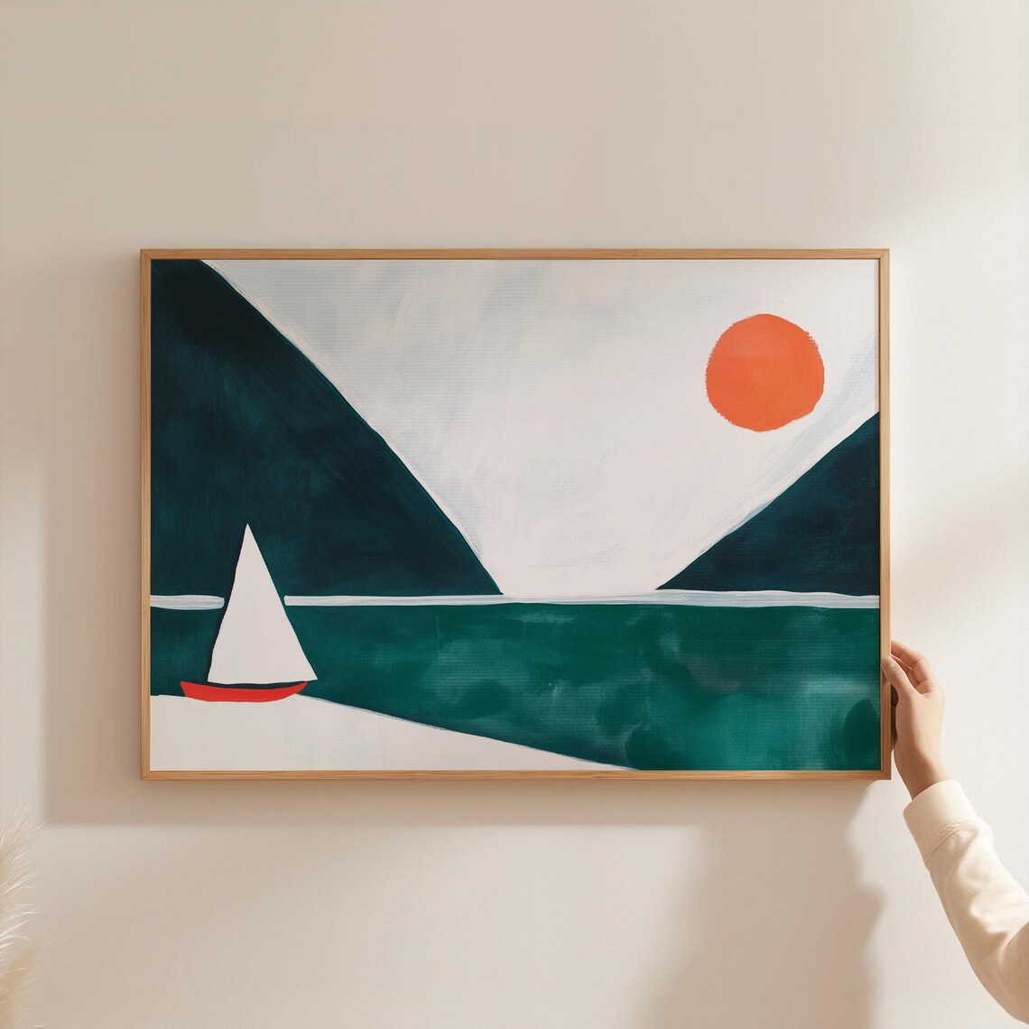 Minimalist Sailboat Art Print, Abstract Coastal Landscape