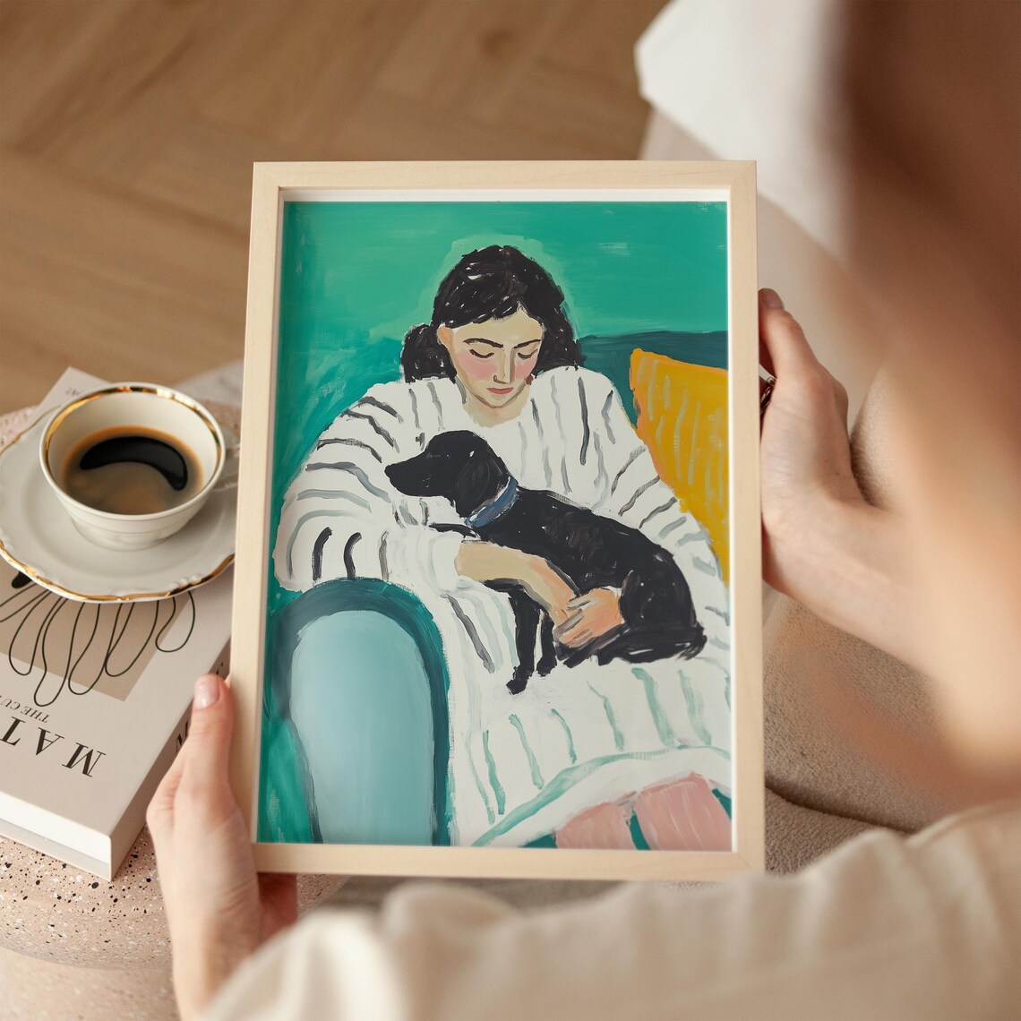 Cozy Woman Hugging Black Dog Colorful Expressive Portrait Poster - Image 2