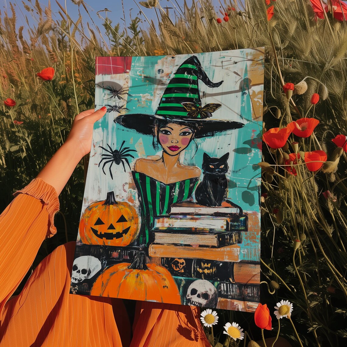 Halloween Witch Portrait Black Cat Pumpkins Skulls Spell Books Spooky Art Poster - Image 4