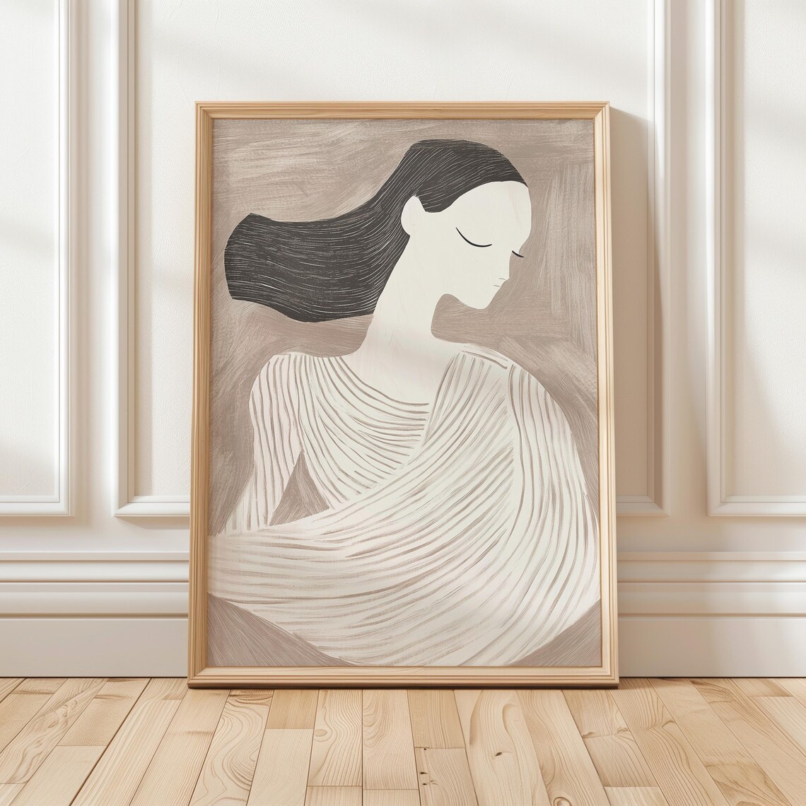 Elegant Woman Portrait In Flowing Lines Beige Minimalist Art Poster - Image 3