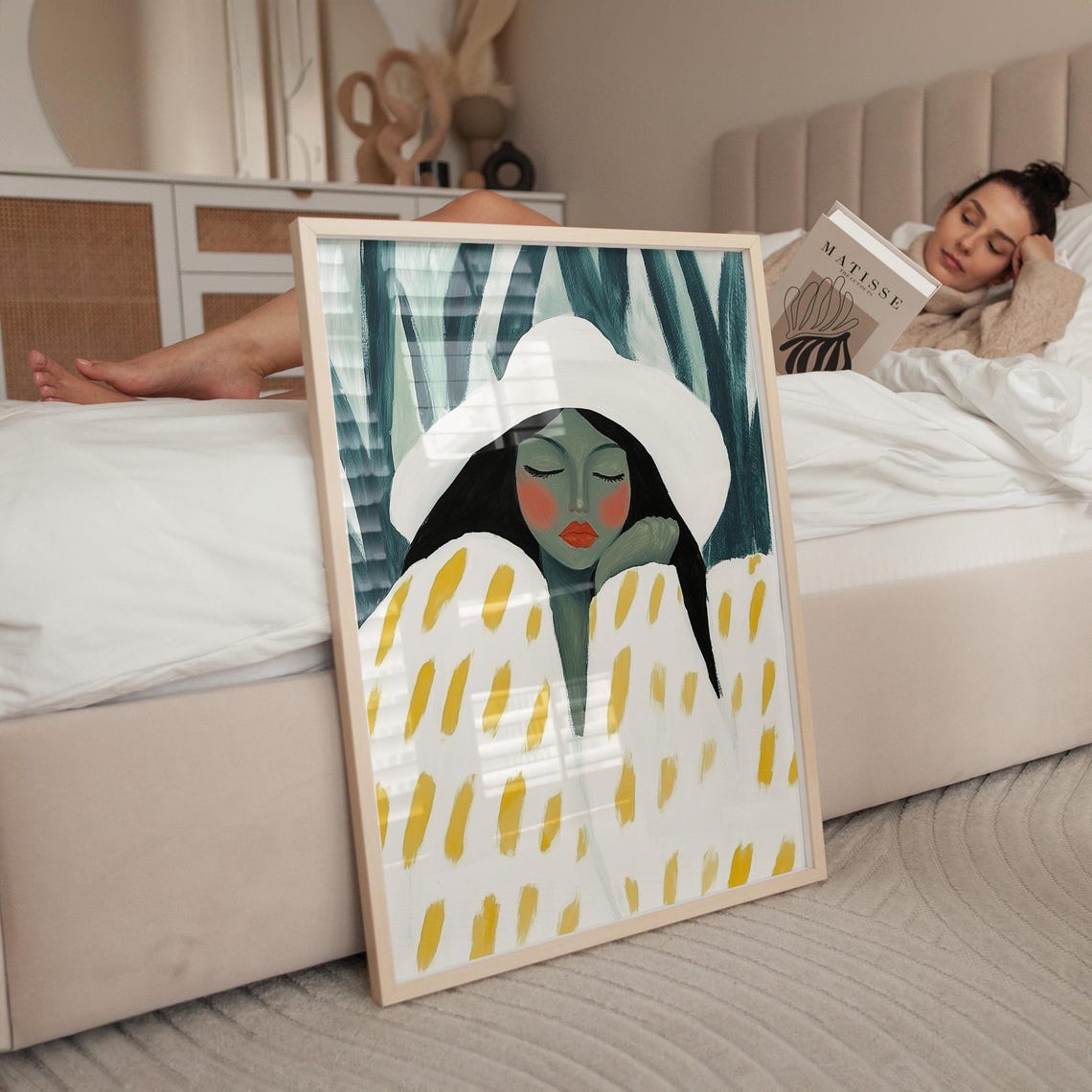 Woman In White Hat And Yellow Dashed Robe With Palm Leaves Poster - Image 4
