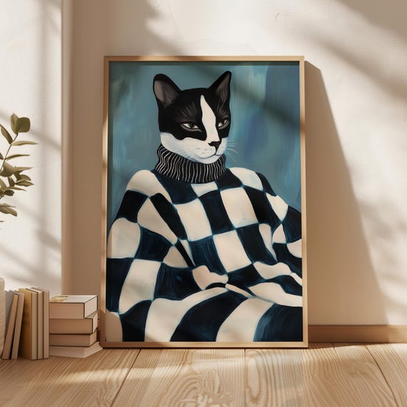 Majestic Cat In Geometrical Sweater Art Print Modern Pet Portrait Wall Art Cat Illustration Stylish Animal Wall Art
