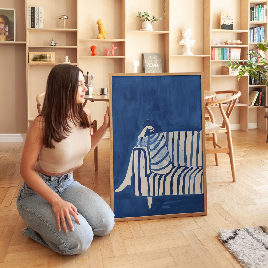 Minimalist Woman On Striped Sofa Blue White Abstract Art Print - Image 2