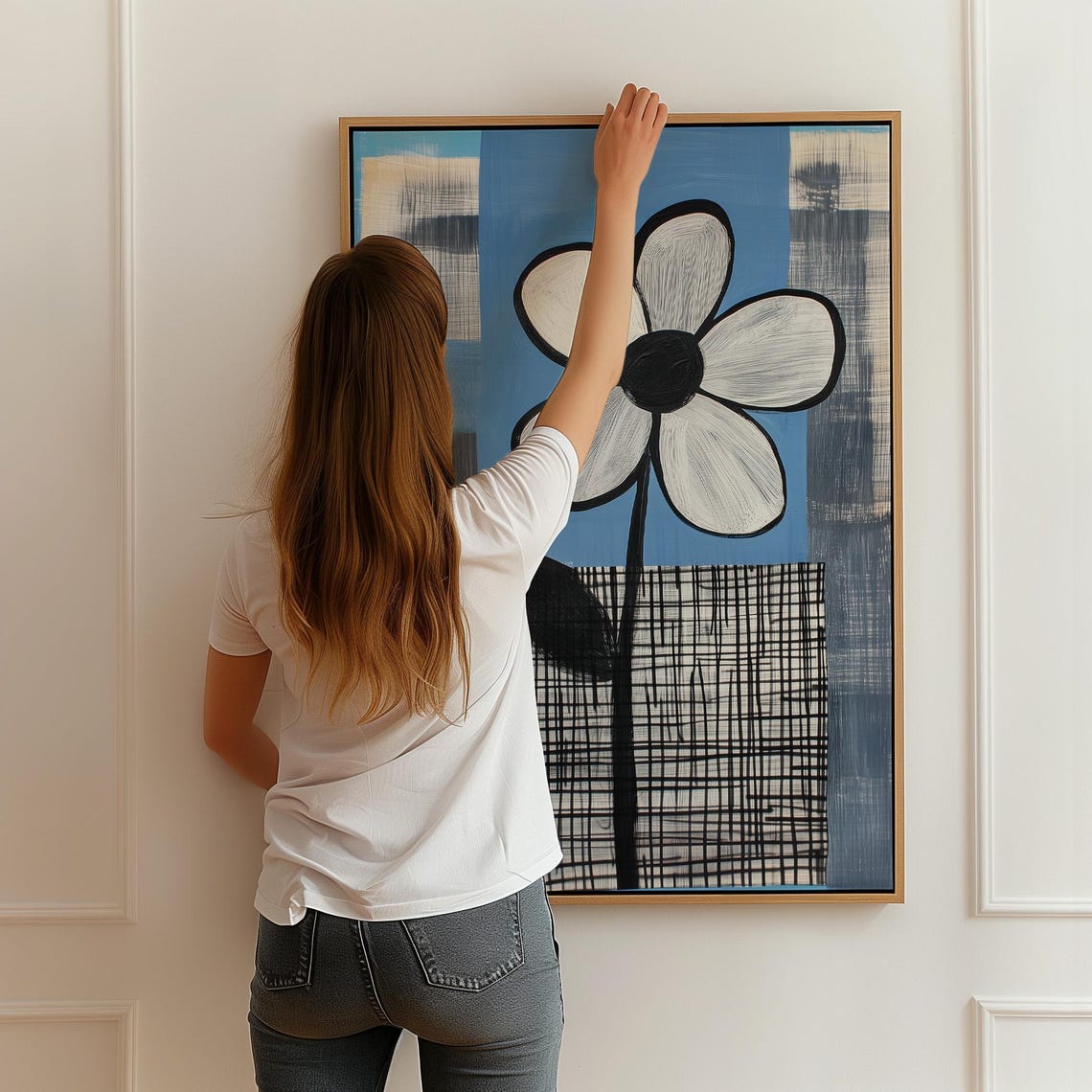 Large White Abstract Flower With Black Center On Blue Background Print - Image 3