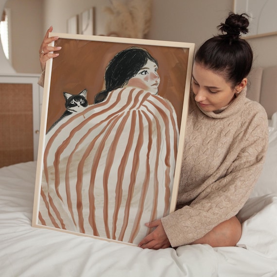Whimsical Woman And Cat Striped Blanket Warm Brown Art Poster