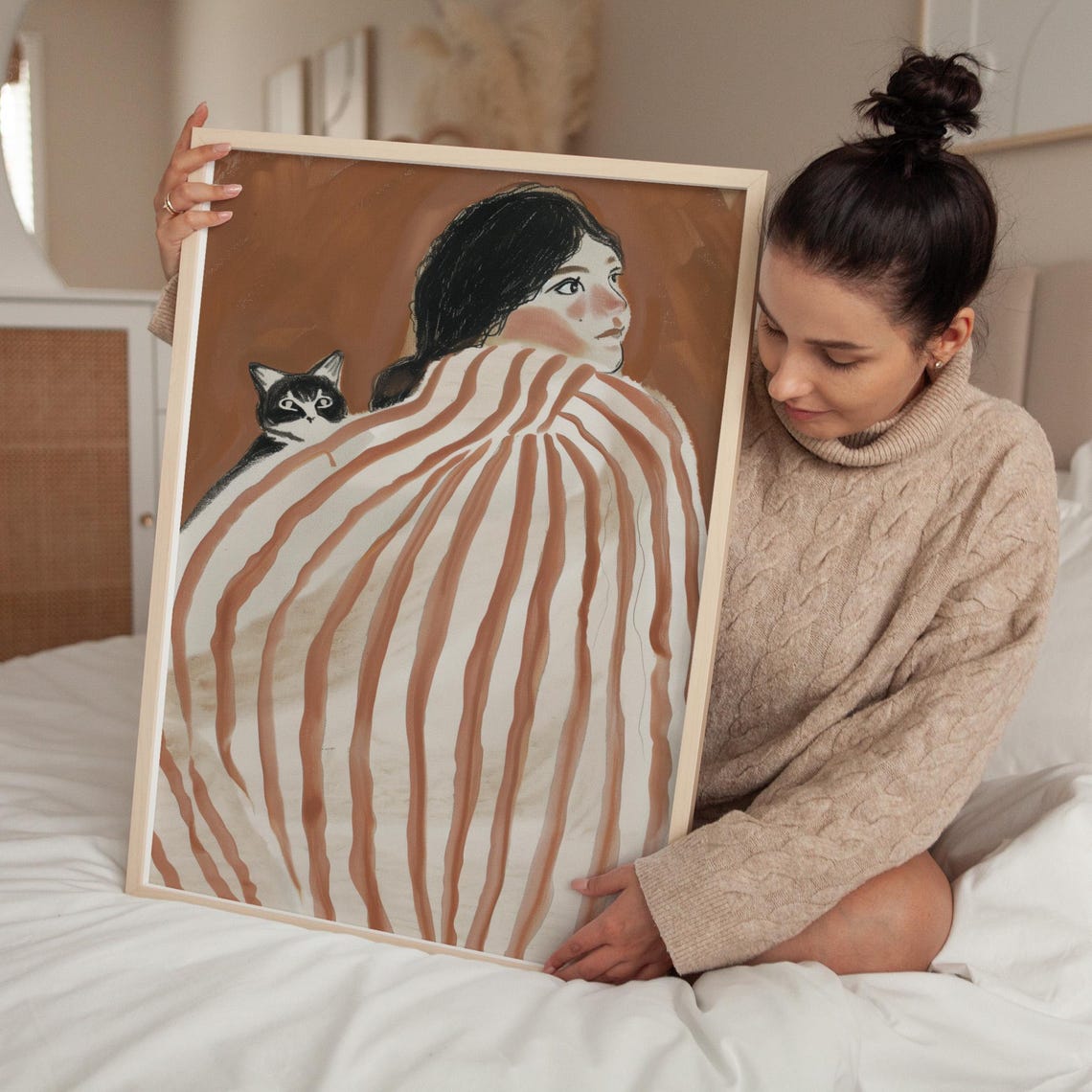 Whimsical Woman And Cat Striped Blanket Warm Brown Art Poster