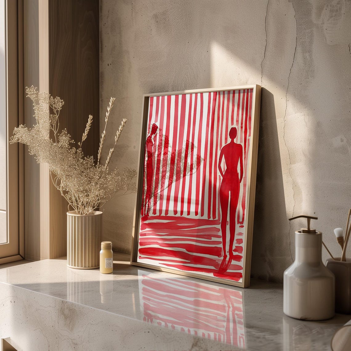 Red Silhouette Figures Abstract Red and White Striped Wall Art - Image 4