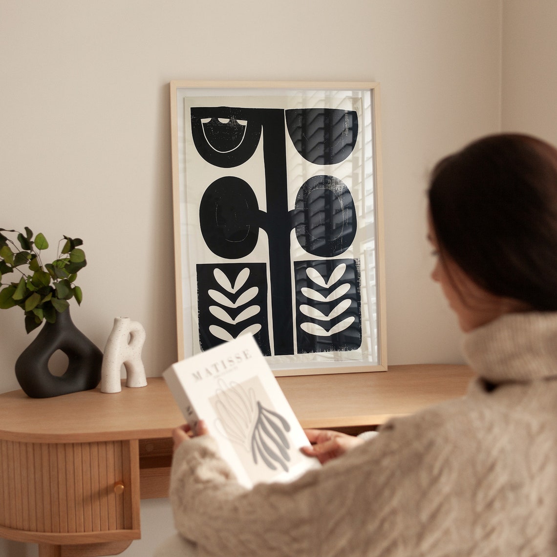 Nordic Botanical Abstract Black Geometric Leaf Shapes Wall Art - Image 2