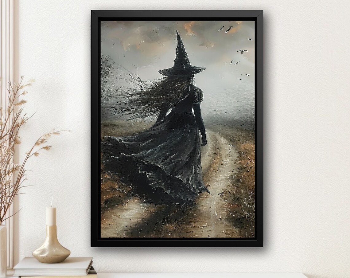 Witch Walking Windswept Country Road Cinematic Moody Halloween Poster