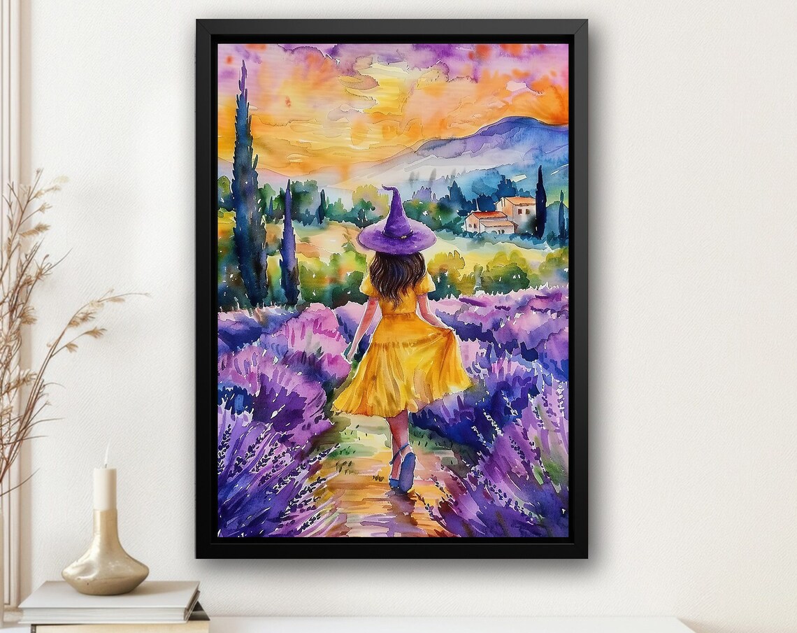 Young Witch in Yellow Dress Lavender Field Sunset Watercolor Art Poster