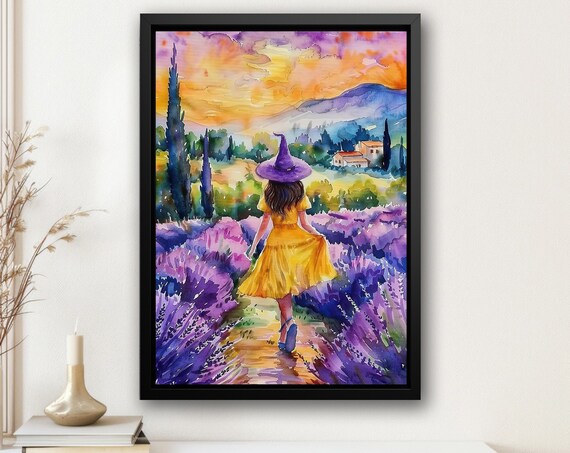 Young Witch in Yellow Dress Lavender Field Sunset Watercolor Art Poster
