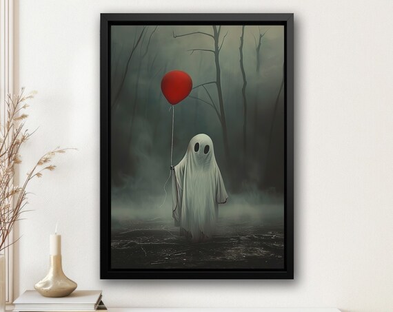 Cute Ghost Holding Red Balloon in Dark Misty Forest Halloween Poster