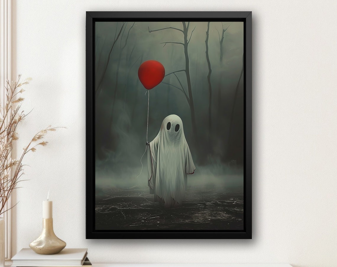 Cute Ghost Holding Red Balloon in Dark Misty Forest Halloween Poster