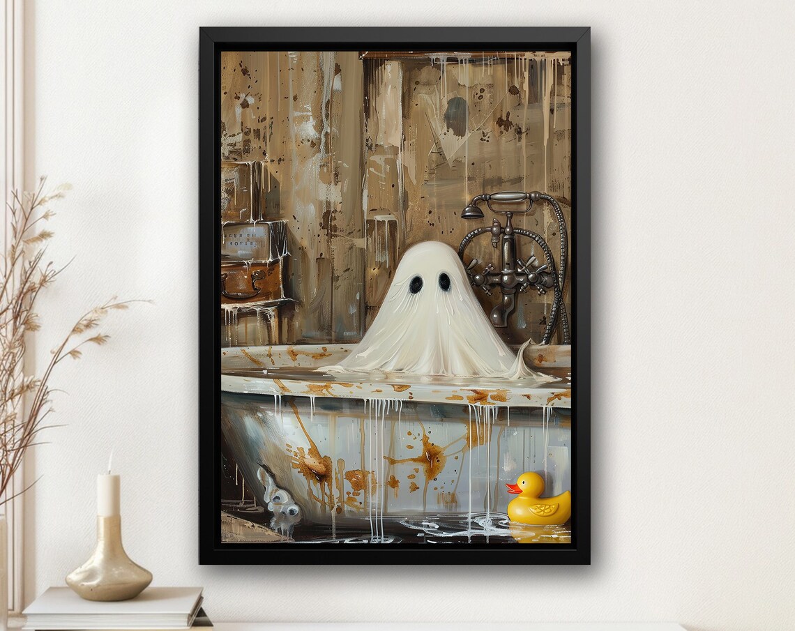 Cute Ghost in Vintage Bathtub Rubber Duck Bathroom Halloween Poster