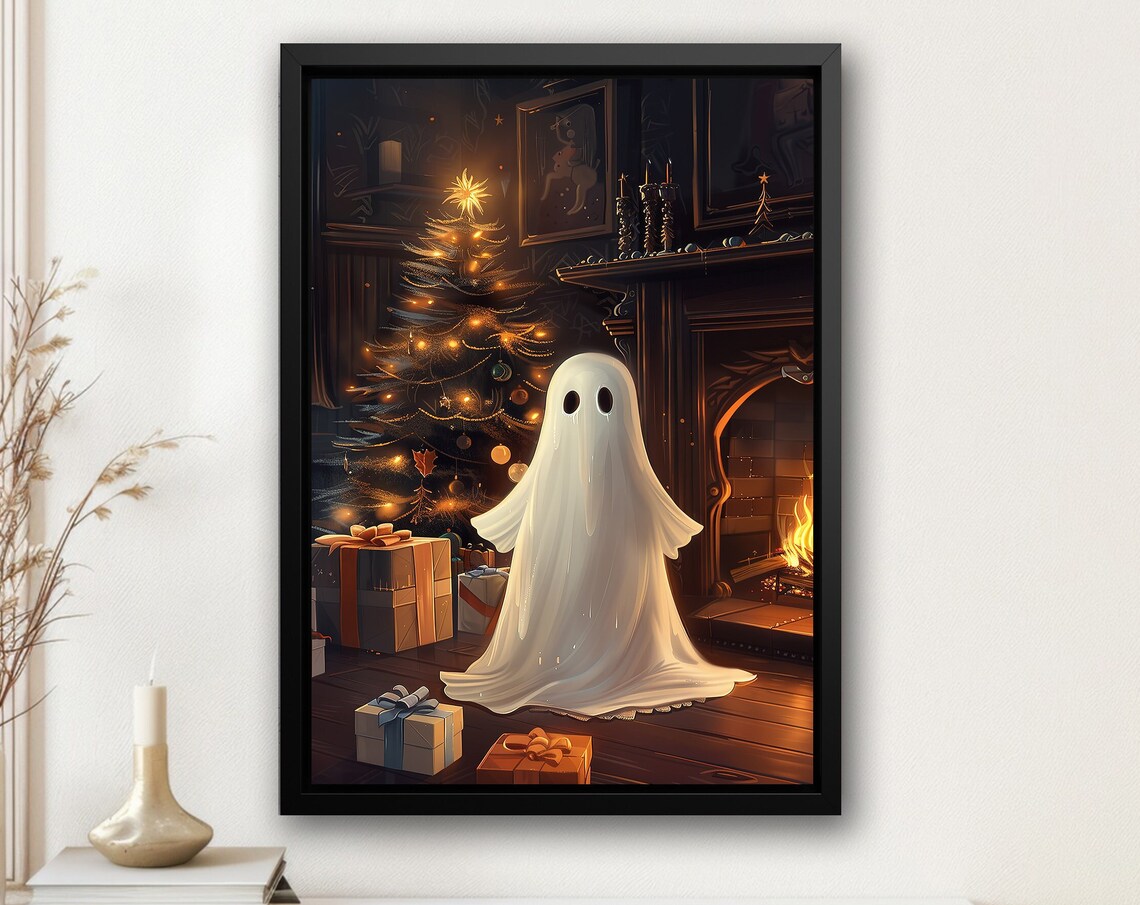 Cute Ghost by Christmas Tree Fireplace Cozy Holiday Halloween Poster