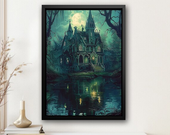 Haunted Gothic Mansion By Moonlit Lake Green Night Castle Poster