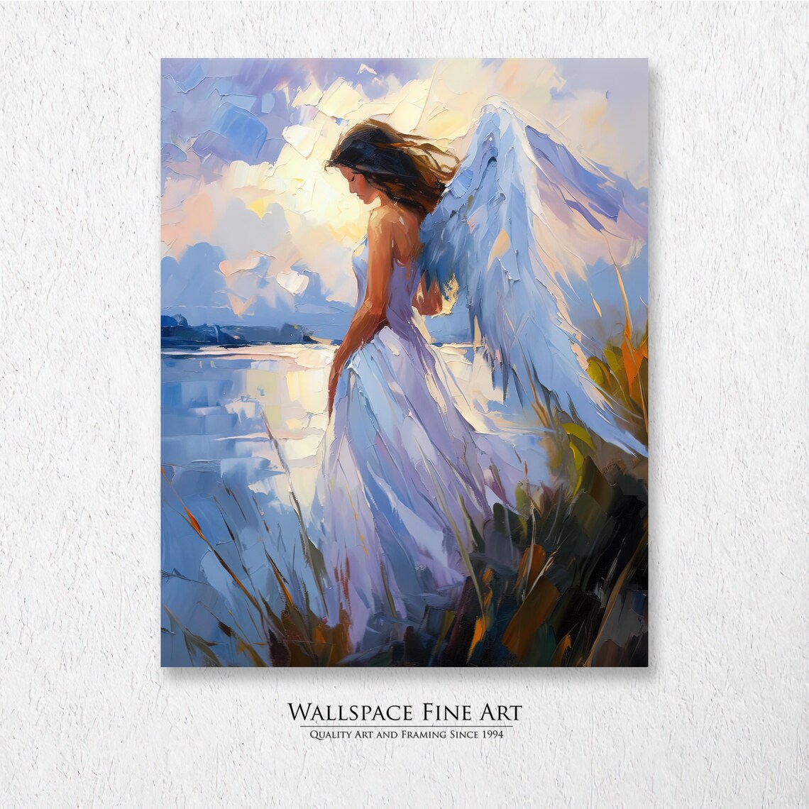 Serene Angel By The Lake Sunset White Wings Oil Painting Poster