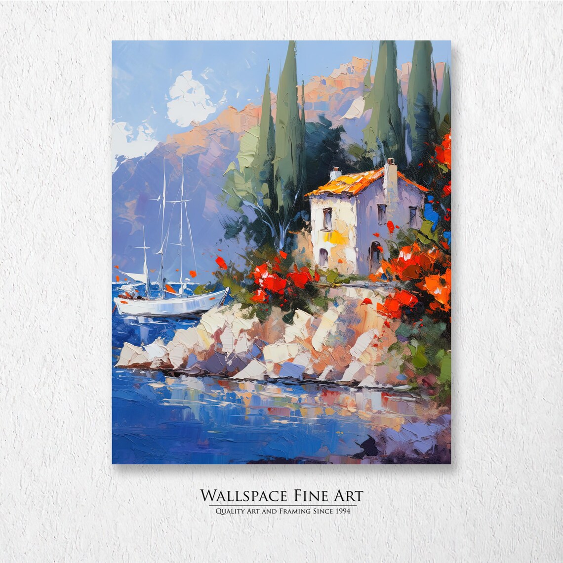 Mediterranean Coastal Villa Cypress Sailboat Oil Painting Print