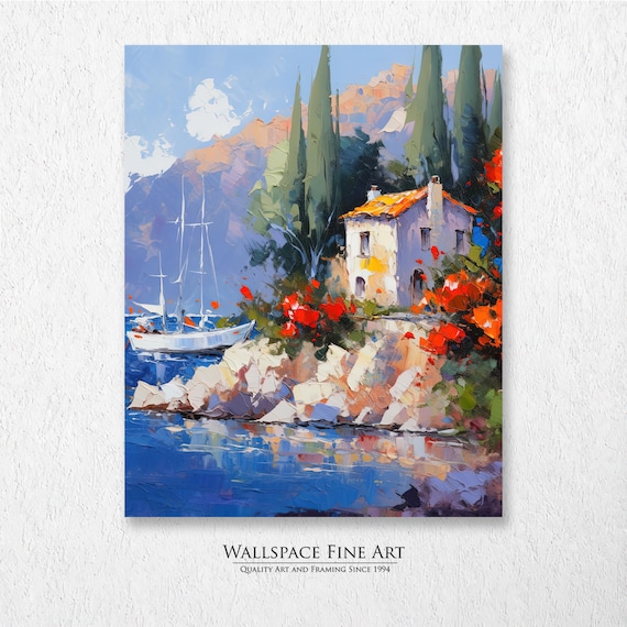 Mediterranean Coastal Villa Cypress Sailboat Oil Painting Print