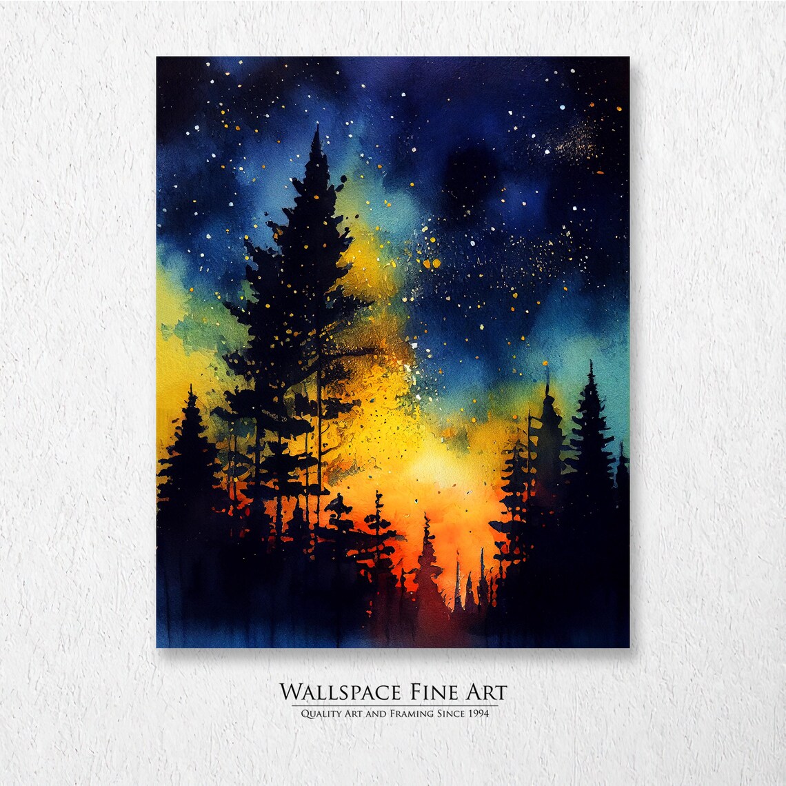 Starry Night Pine Forest Golden Sunset Watercolor Painting Poster