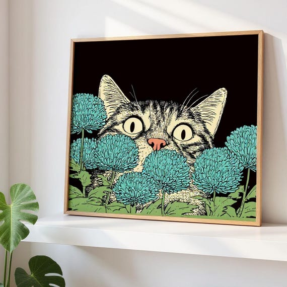 Tabby Cat Floral Retro Art Print for Cat Lovers