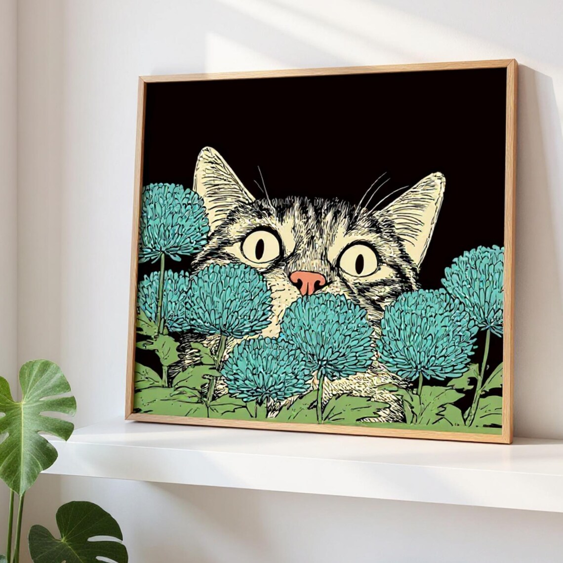 Tabby Cat Floral Retro Art Print for Cat Lovers