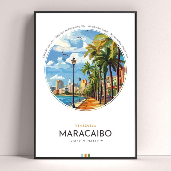 Maracaibo Venezuela Palm Lined Lake Promenade Sunset Travel Poster