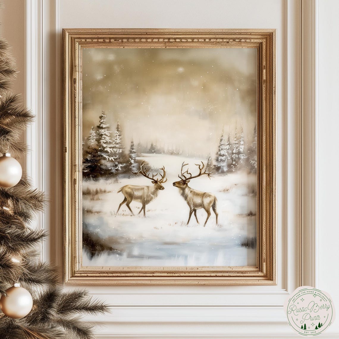 Two Deer Facing In Snowy Winter Forest Neutral Wildlife Wall Art