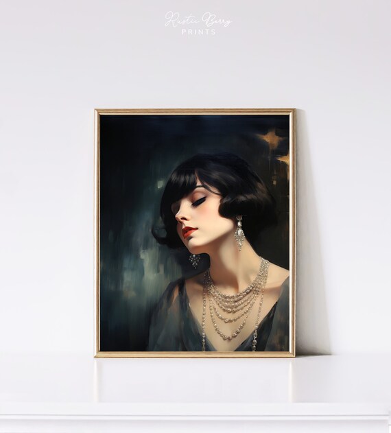 1940s Vintage Glamour Woman Red Lips Pearls Moody Portrait Art Print