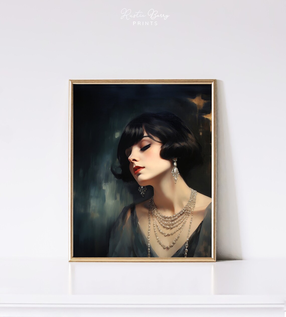 1940s Vintage Glamour Woman Red Lips Pearls Moody Portrait Art Print